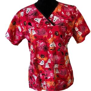 💥SALE💥Peaches Uniforms Halloween Print Short Sleeve Top - Red and Orange Sz M